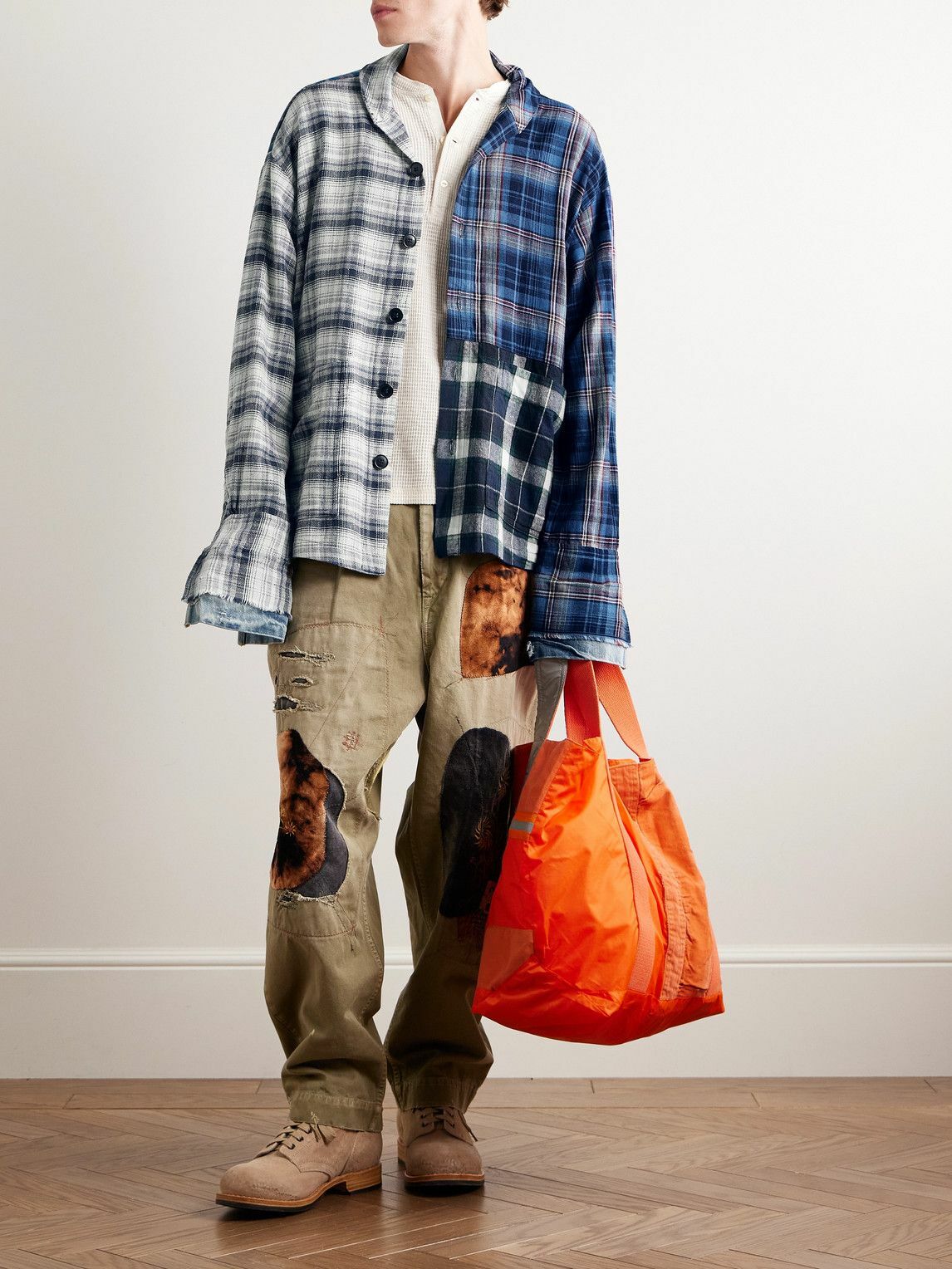 Greg Lauren - Denim-Trimmed Patchwork Checked Cotton and Flannel Shirt - Blue
