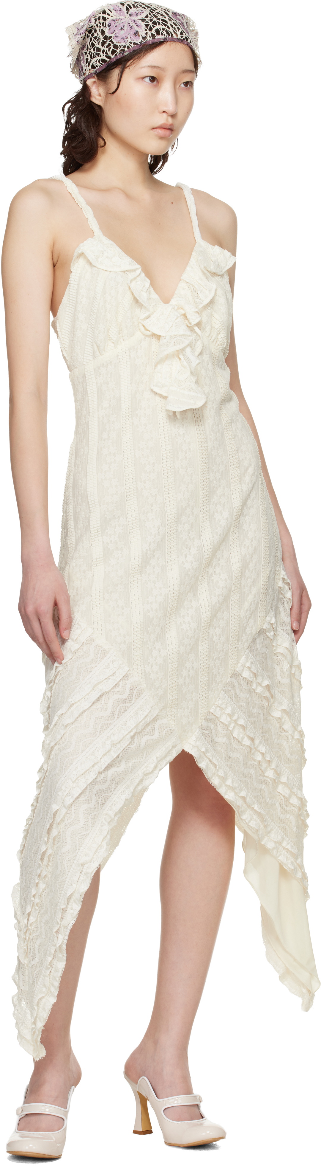 Anna Sui Off-White Floral Ruffle Stretch Lace Handkerchief Midi Dress