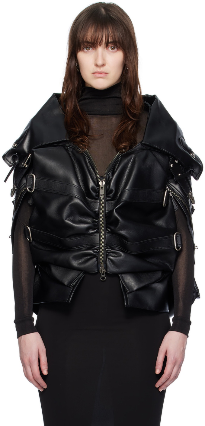 Junya Watanabe Black Gathered Faux-Leather Jacket Junya Watanabe