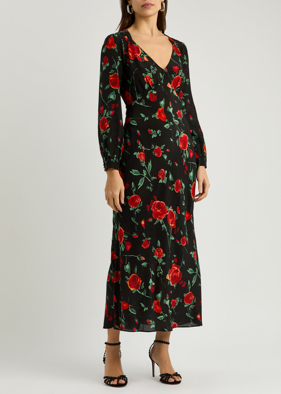white christmas dresses Black Floral Chiffon Ruffle Square Neck Smocked Maternity Midi Dress –  PinkBlush main image 0