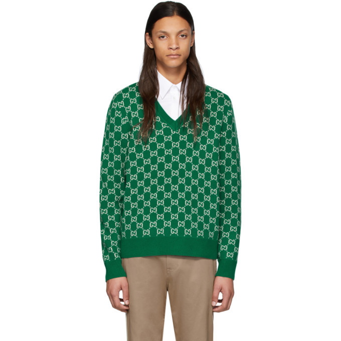 Photo: Gucci Green and Off-White Wool GG V-Neck Sweater