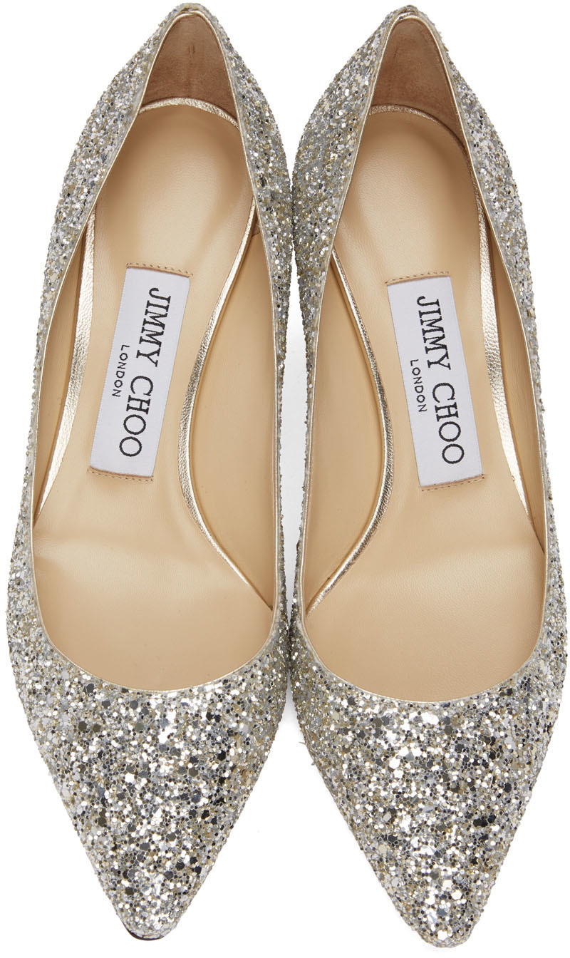 Jimmy Choo Silver Coarse Glitter Romy 60 Heels Jimmy Choo