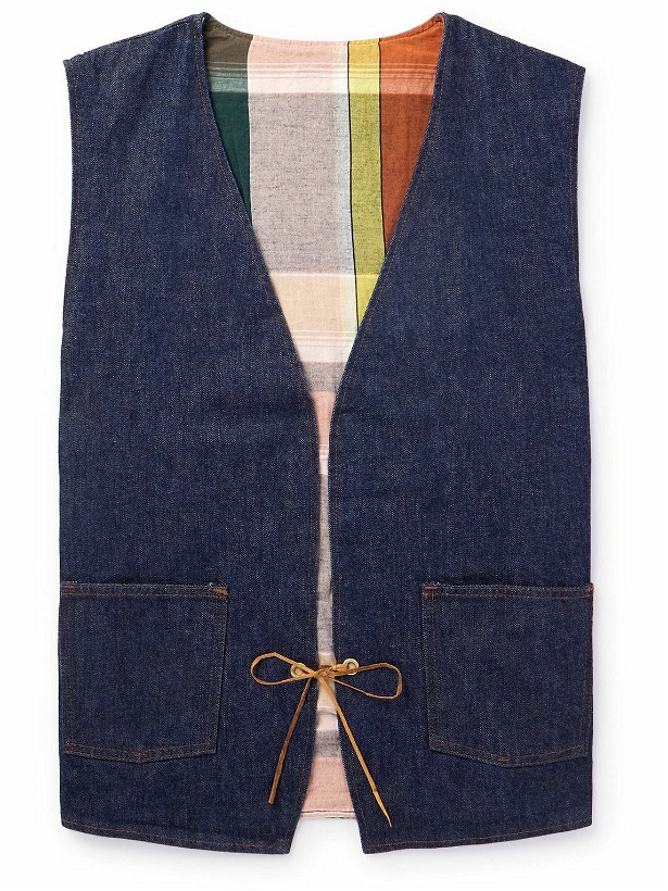 Photo: OrSlow - Hippie's Reversible Denim and Checked Cotton and Linen-Blend Gilet - Blue