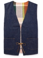 OrSlow - Hippie's Reversible Denim and Checked Cotton and Linen-Blend Gilet - Blue