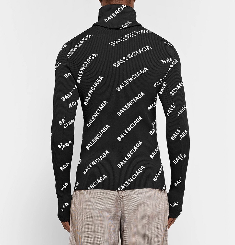 Balenciaga Slim Fit Logo Print Ribbed Knit Hooded Rollneck Sweater Men Black Balenciaga