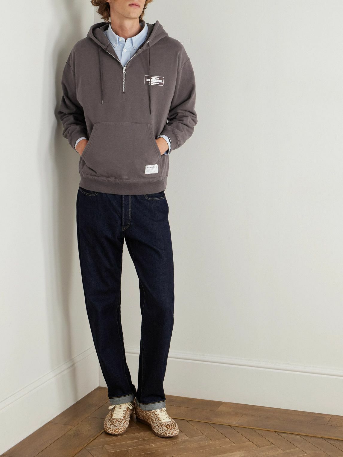Neighborhood - Logo-Print Cotton-Jersey Half-Zip Hoodie - Brown