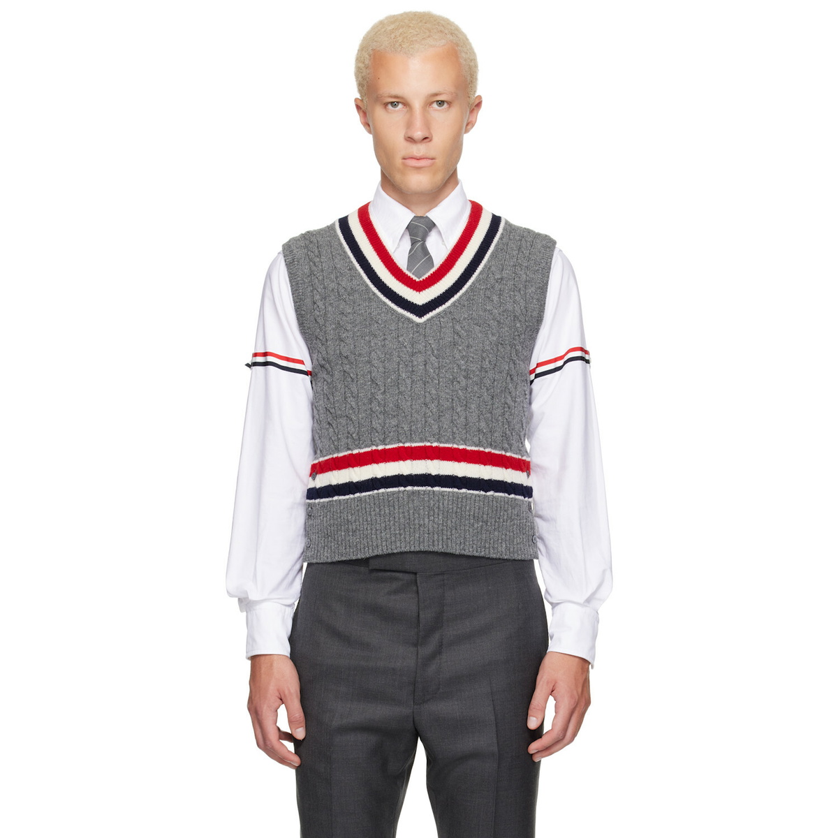 Thom Browne Gray Baby Cable V-Neck Cricket RWB Vest