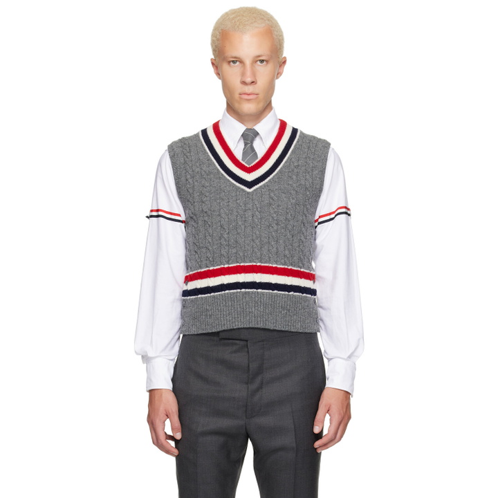 Photo: Thom Browne Gray Baby Cable V-Neck Cricket RWB Vest