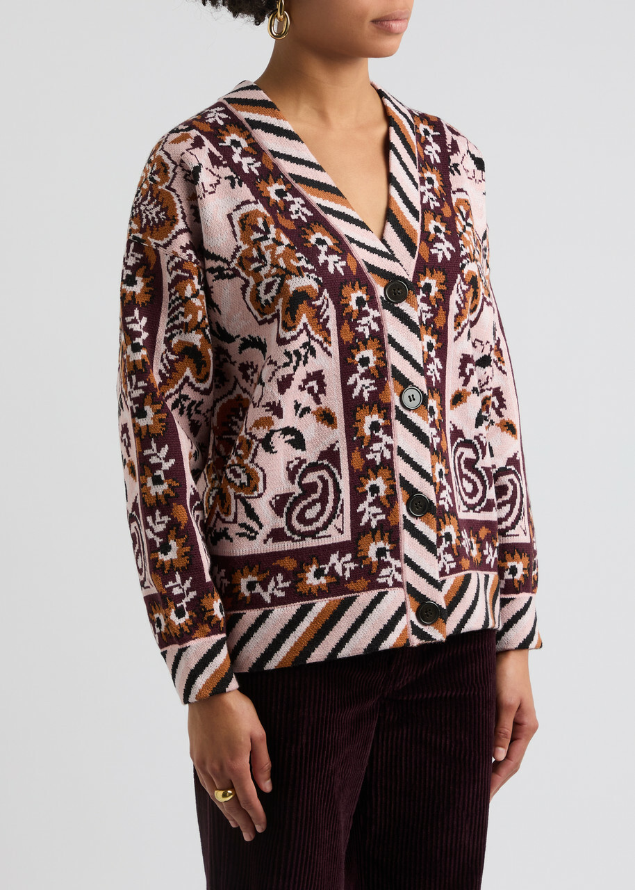 Farm Rio Glam Tapestry Patterned-intarsia Knitted Cardigan Burgundy