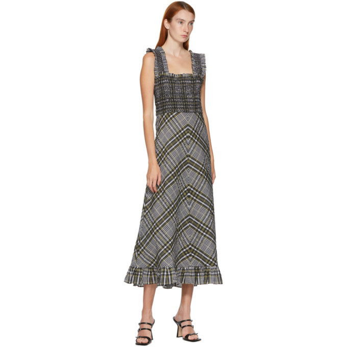 GANNI Green Seersucker Check Mid Length Dress GANNI