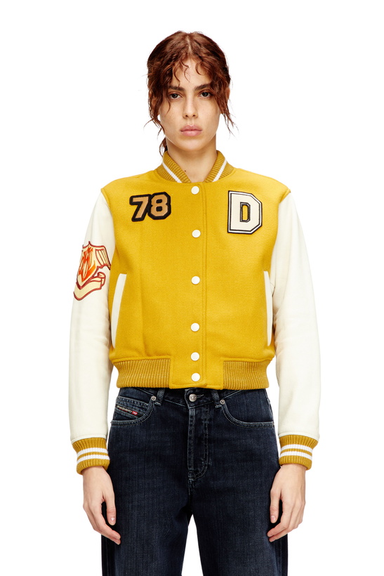Photo: Diesel Cropped varsity jacket in wool and leather - Leather jackets Womens in Multicolor