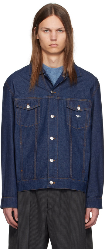 Photo: Maison Kitsuné Navy Embroidered Logo Denim Jacket