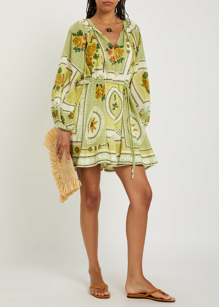 Alemais Dixie Printed Ramie Mini Dress Yellow
