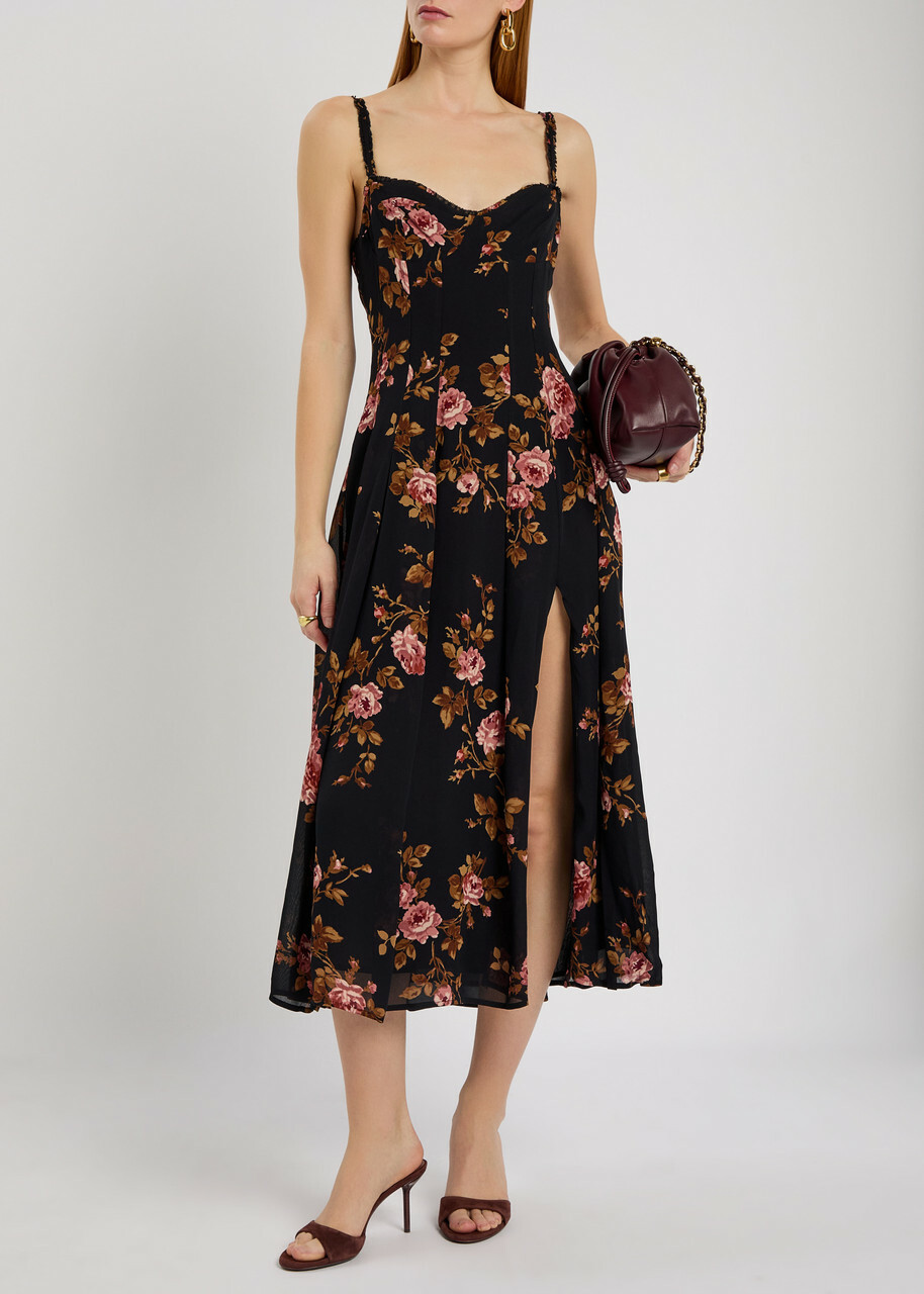 Reformation Katara Floral-print Georgette Midi Dress Black