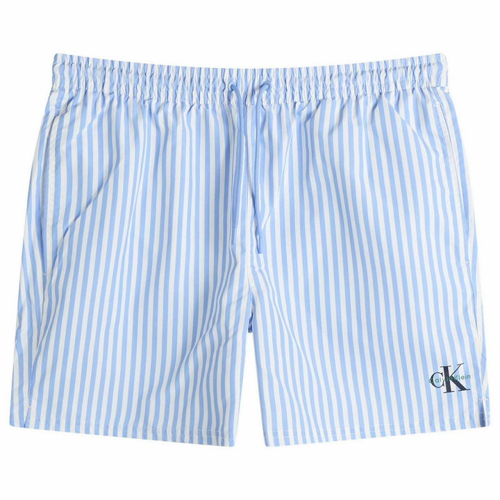 Photo: Calvin Klein Men's Medium Drawstring Swim Shorts in Penny Stripe/Blue Descent