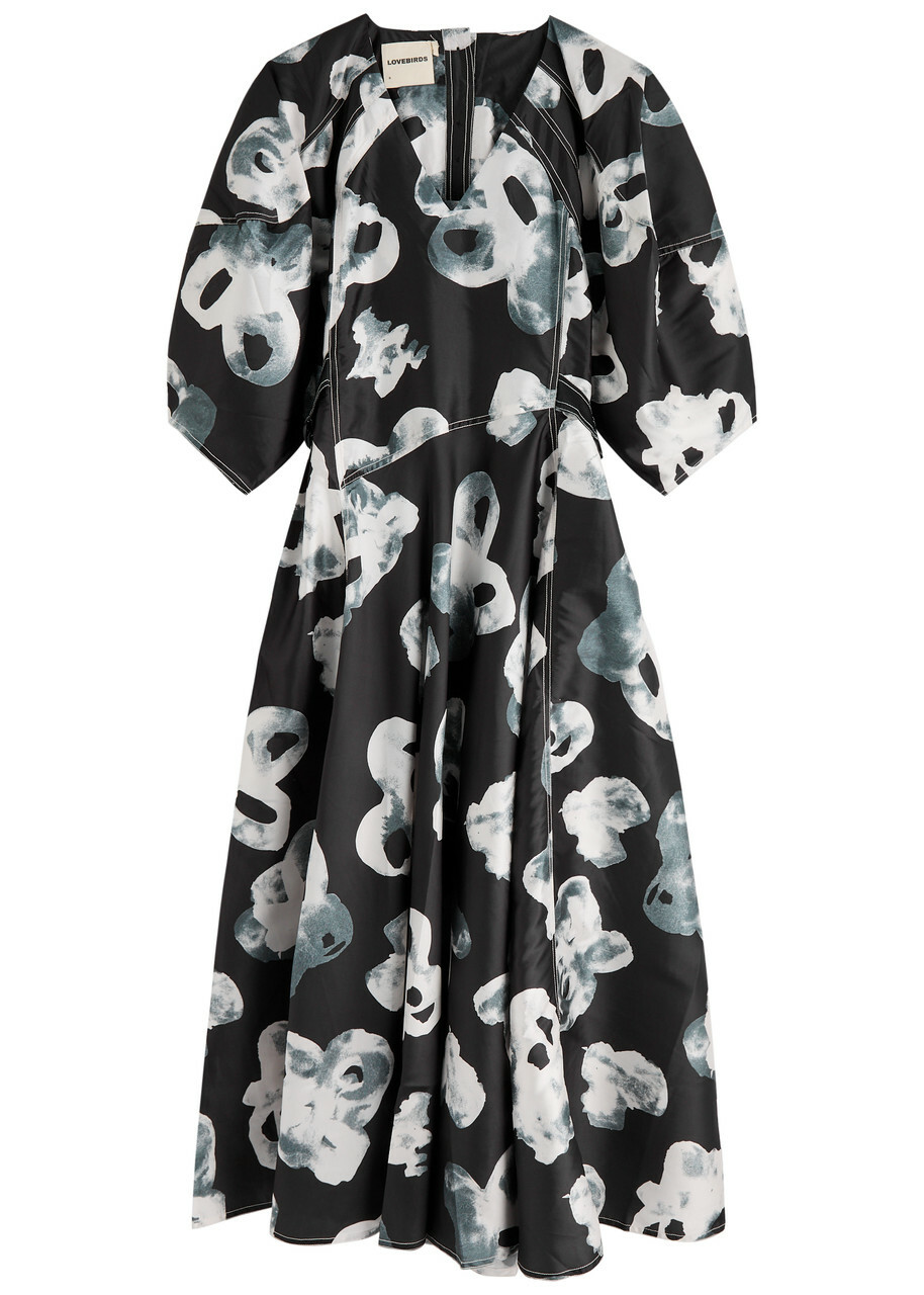Lovebirds Floral-print Satin Midi Dress Black