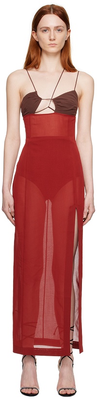 Photo: Nensi Dojaka Red & Brown Asymmetric Maxi Dress