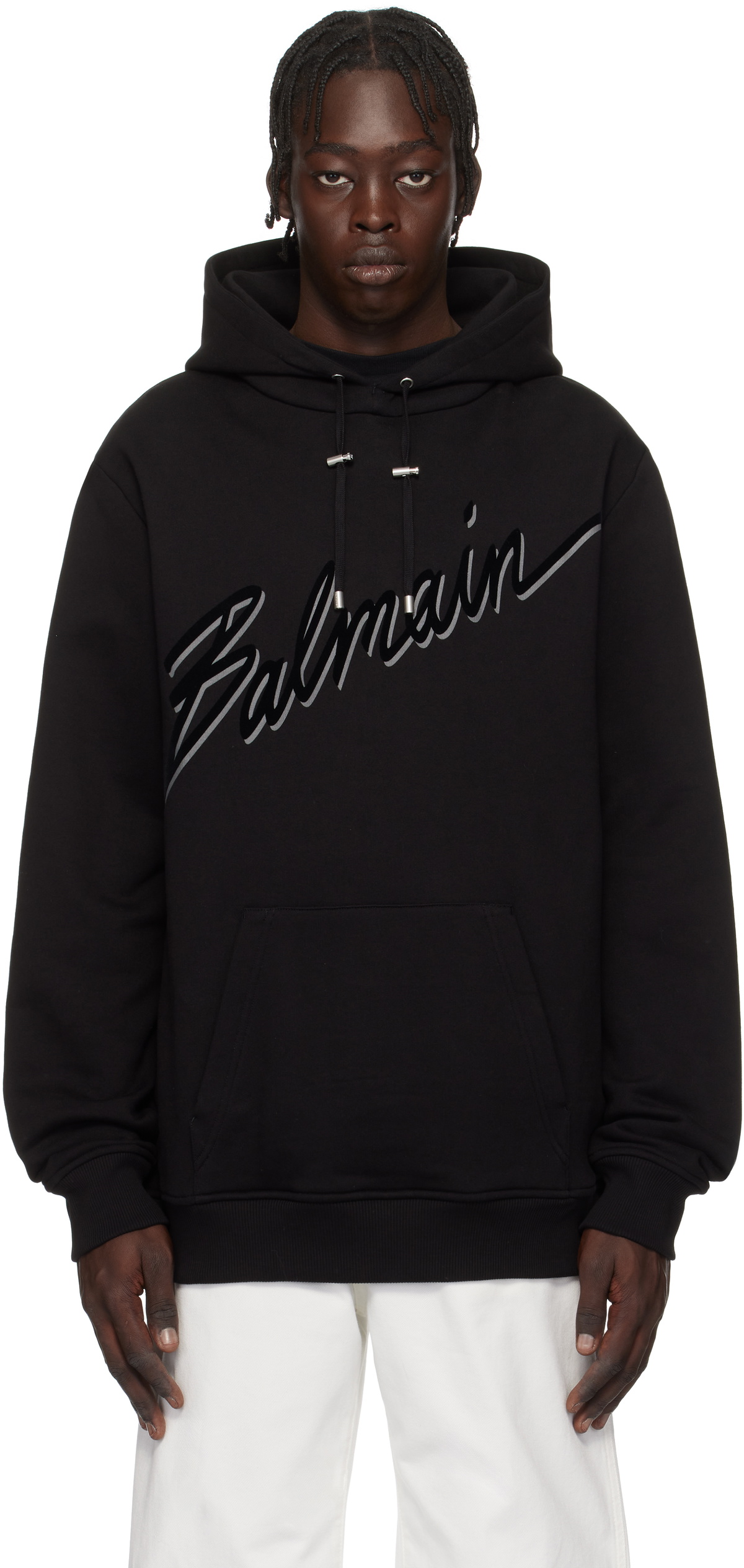 Balmain Black Flocked 'Balmain' Letter Hoodie Balmain