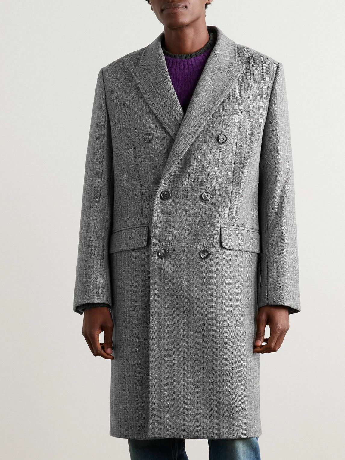 AMI PARIS - Double-Breasted Herringbone Virgin Wool-Blend Coat - Neutrals