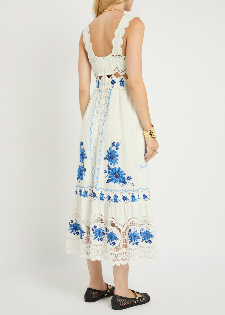 Farm Rio Floral-embroidered Linen-blend Midi Dress Black And White