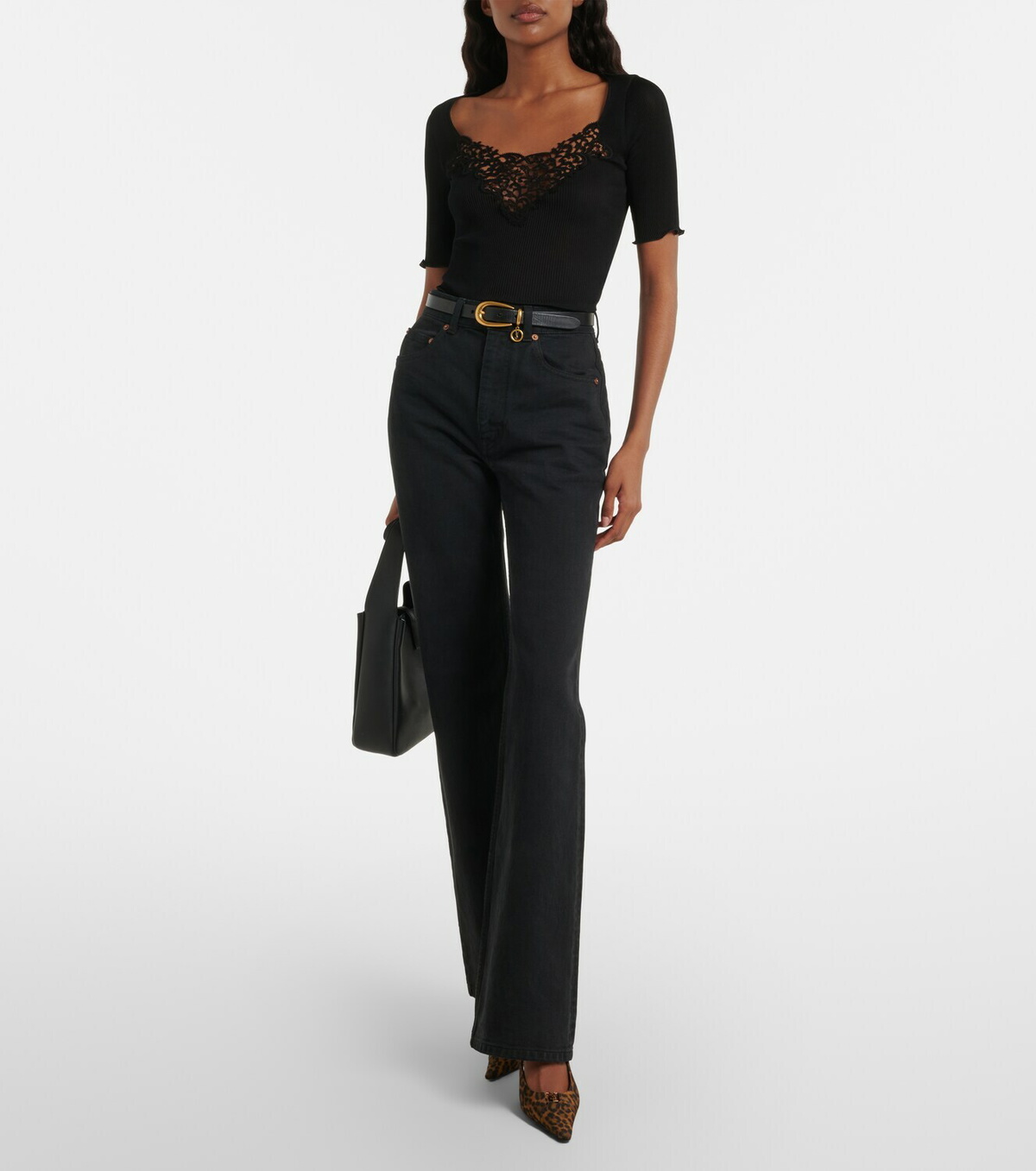 Saint Laurent Lace-trimmed ribbed-knit silk top