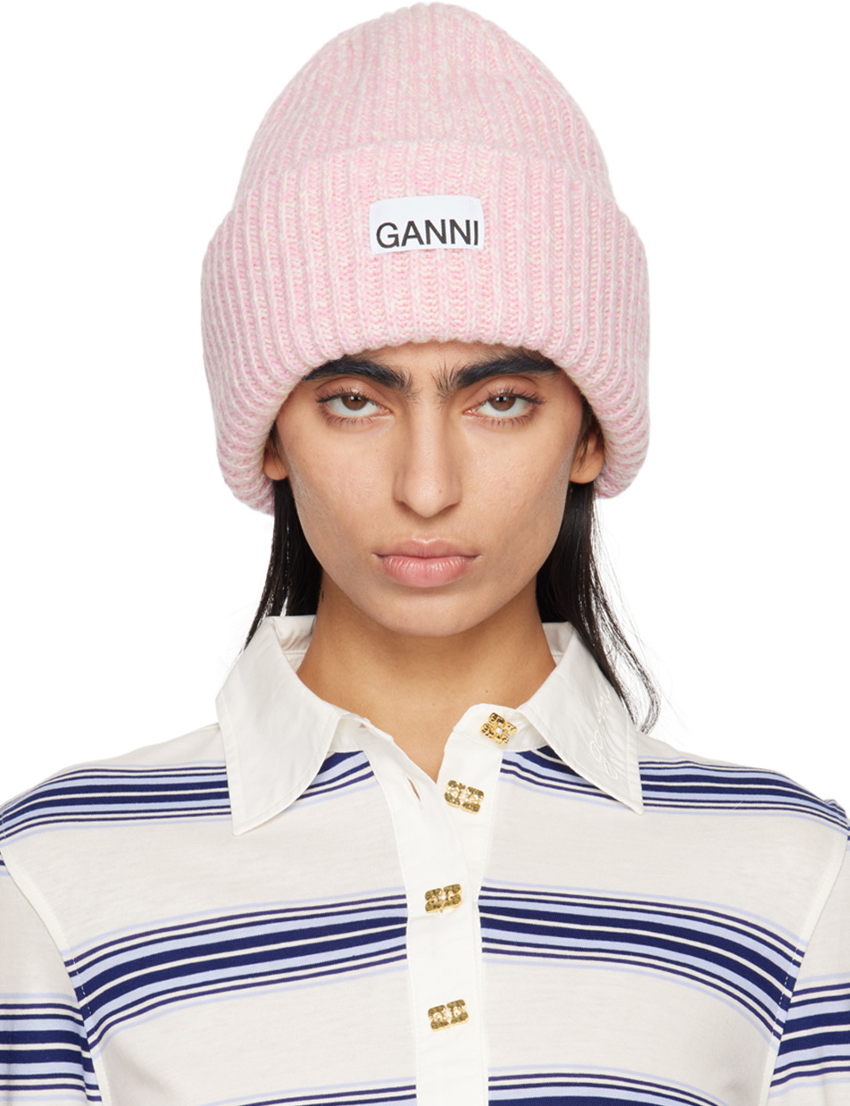 GANNI Pink Oversized Wool Rib Knit Beanie GANNI