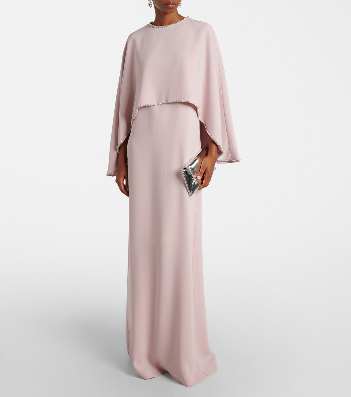 Costarellos Crystal-embellished caped gown
