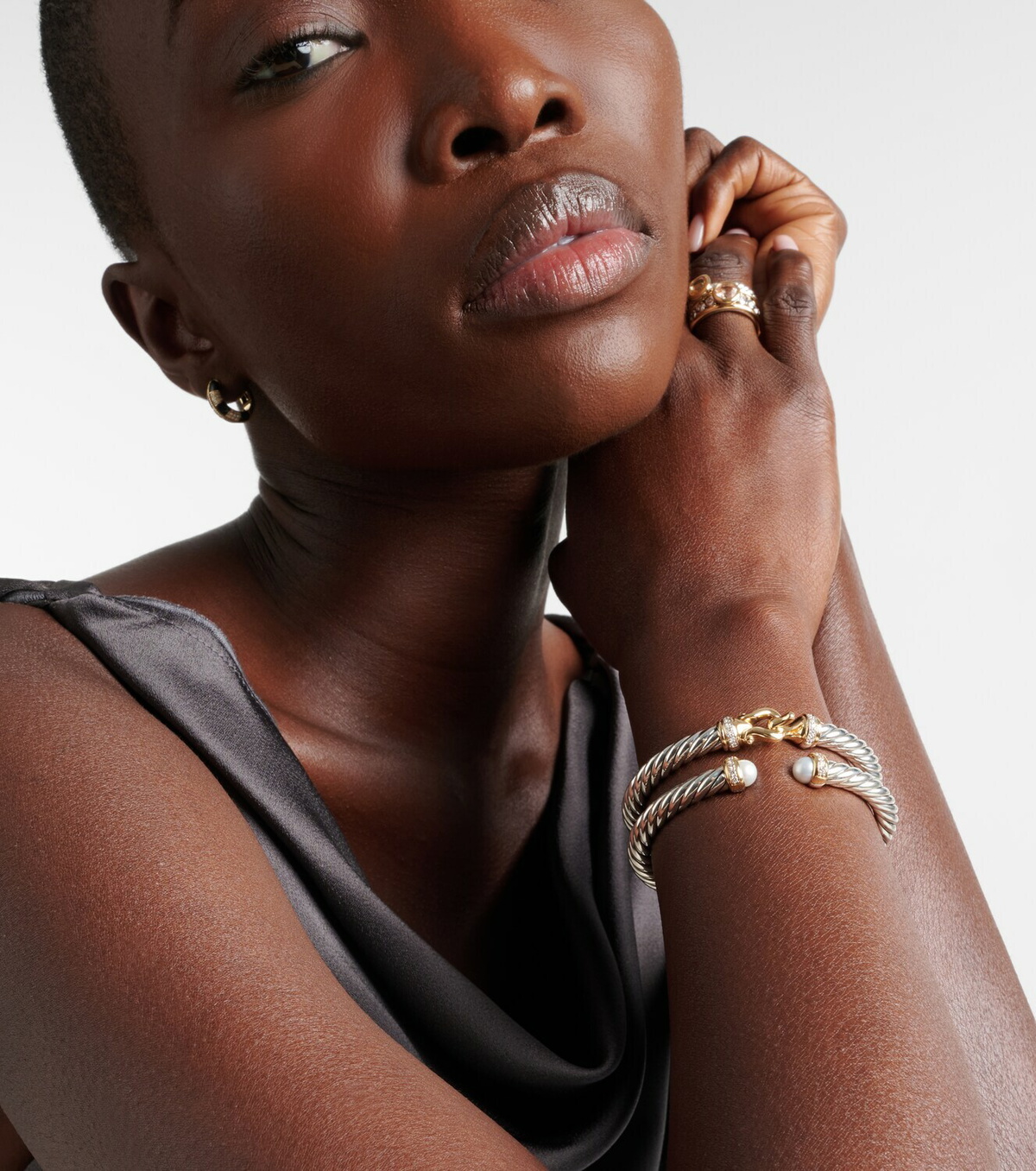 David Yurman Cable Flex® sterling silver and 14kt gold cuff bracelet with diamonds and pearls