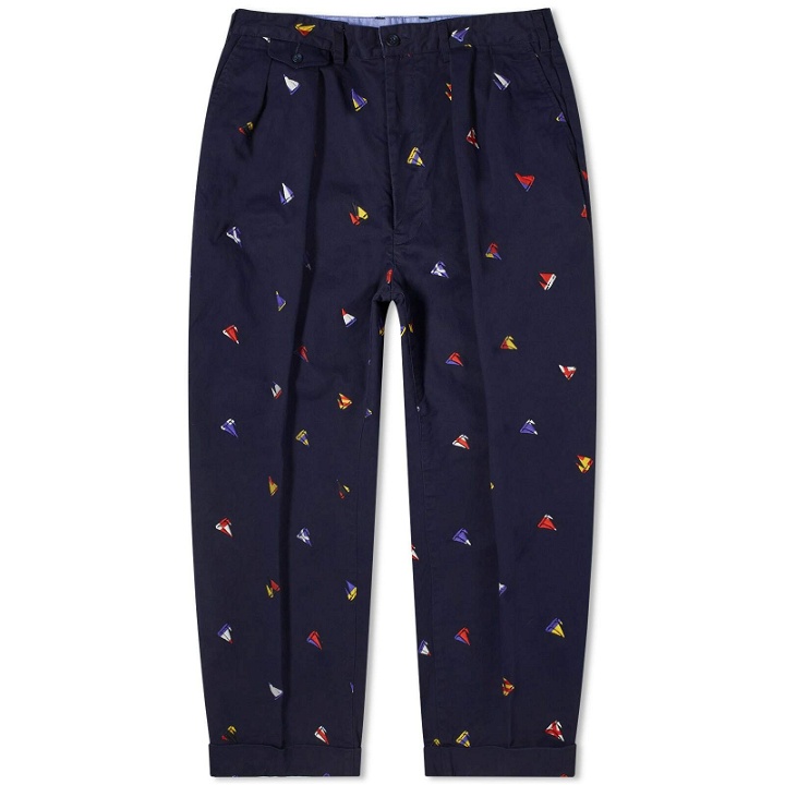 Photo: Beams Plus Men's 2 Pleat Embroidered Trousers in Navy