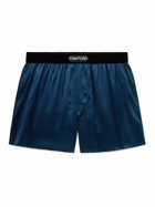 TOM FORD - Velvet-Trimmed Stretch-Silk Satin Boxer Shorts - Blue