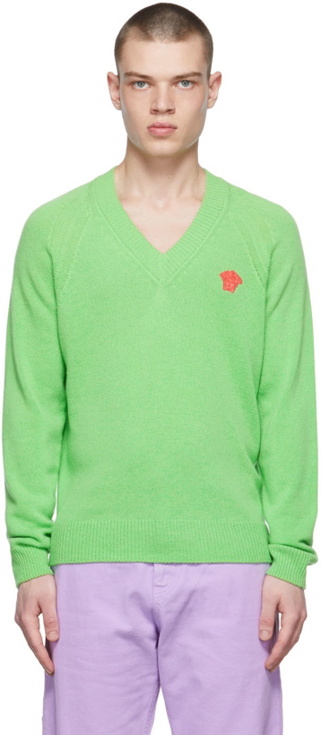 Photo: Versace Green Cashmere Embroidered Medusa Sweater