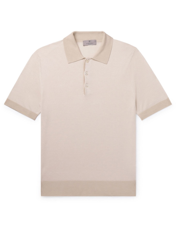 Photo: CANALI - Slim-Fit Striped Knitted Polo Shirt - Neutrals