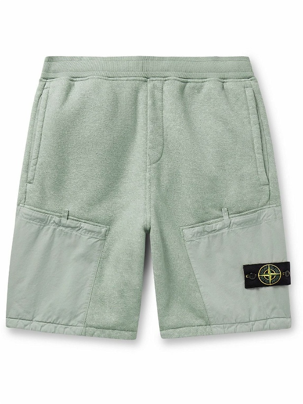 Photo: Stone Island - Straight-Leg Logo-Appliqued Twill-Trimmed Cotton-Blend Jersey Shorts - Green