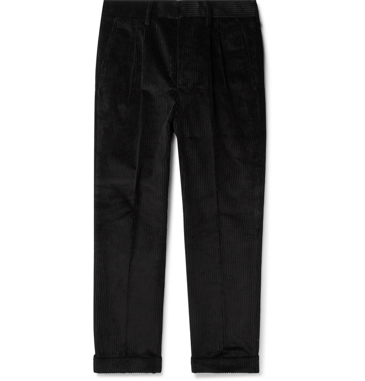 Photo: AMI PARIS - Tapered Pleated Cotton-Corduroy Trousers - Black