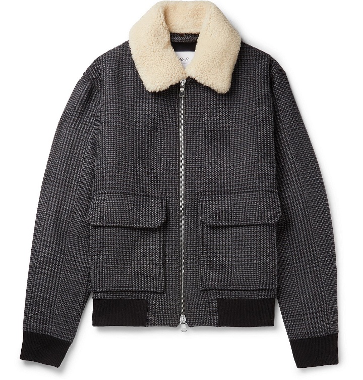 Photo: Mr P. - Shearling-Trimmed Houndstooth Wool-Blend Bomber Jacket - Gray