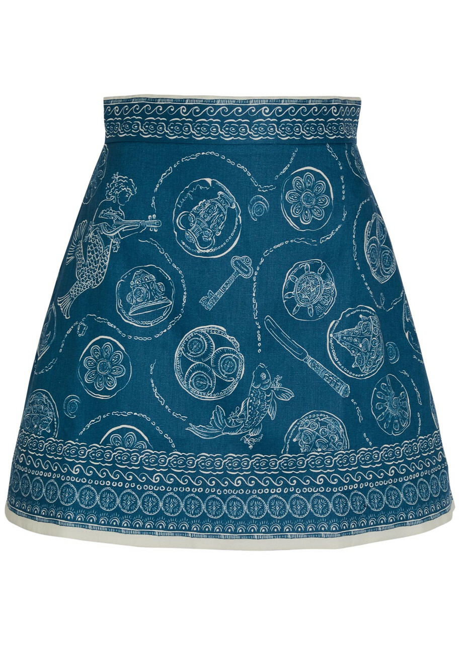 Alemais Lucky Printed Linen Mini Skirt Blue