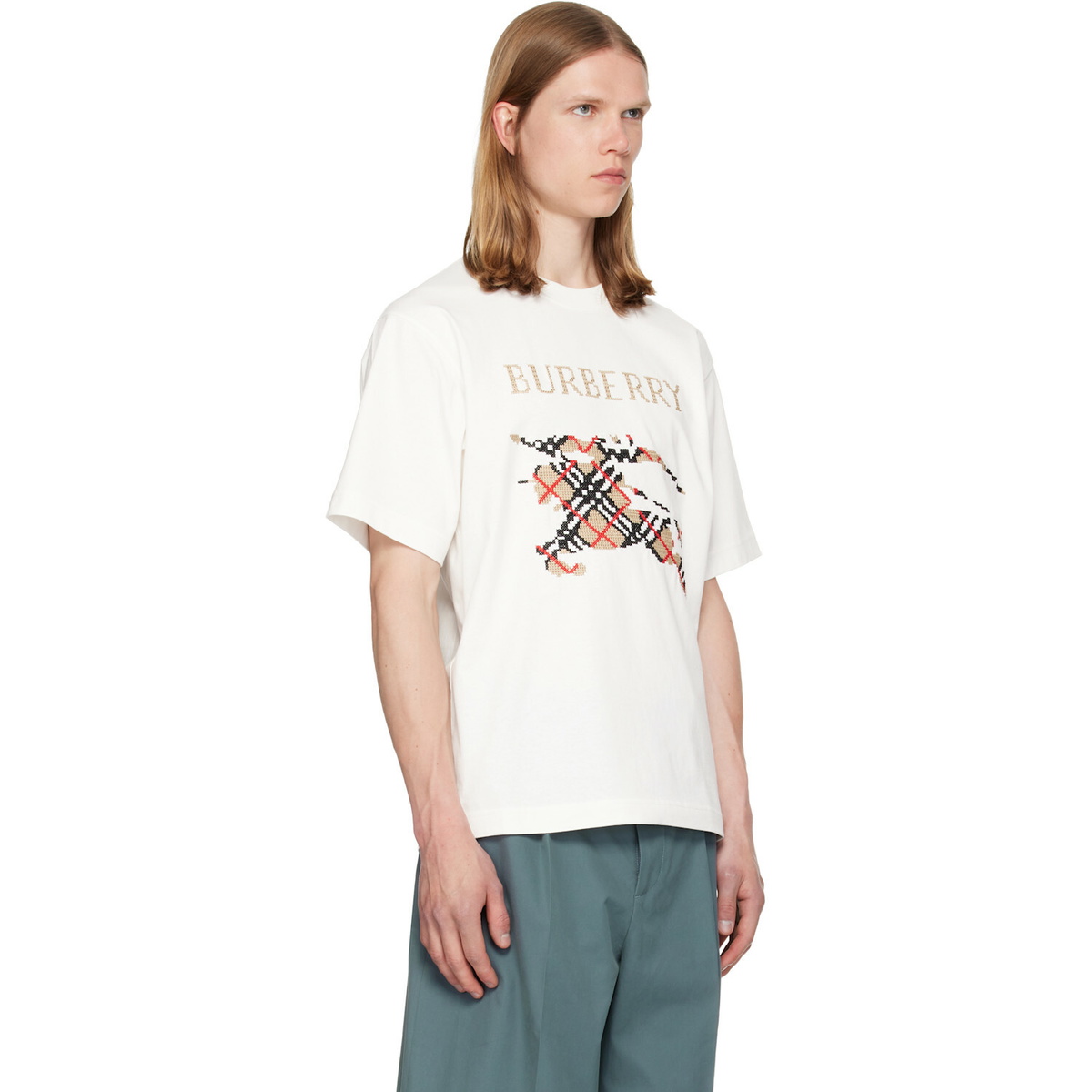 Burberry White Cross Stitch Knight Cotton T-shirt