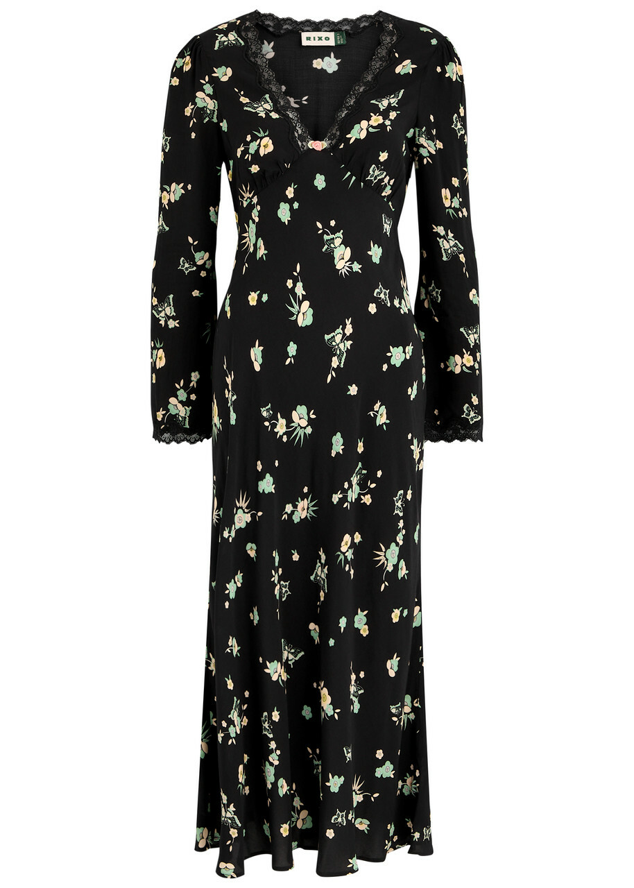 Rixo Blair Floral-print Lace-trimmed Midi Dress Black Rixo Rixo Blair Floral-print Lace-trimmed Midi Dress Black Rixo