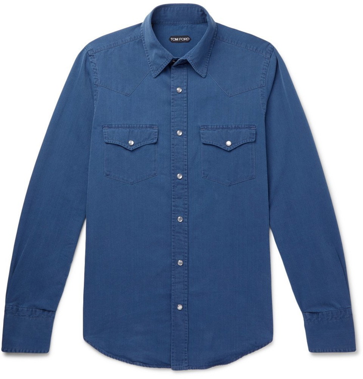 Photo: TOM FORD - Slim-Fit Cotton and Lyocell-Blend Chambray Shirt - Blue