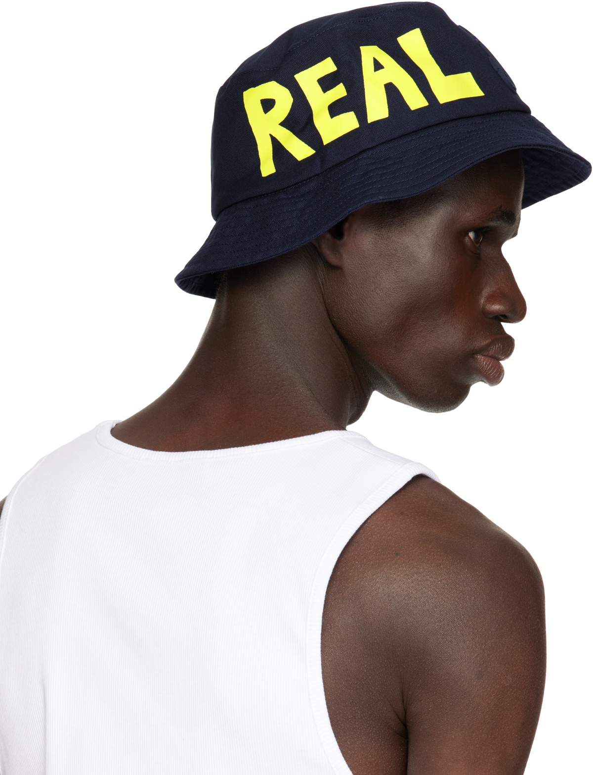 JW Anderson Navy 'Real Sleep' Slogan Bucket Hat