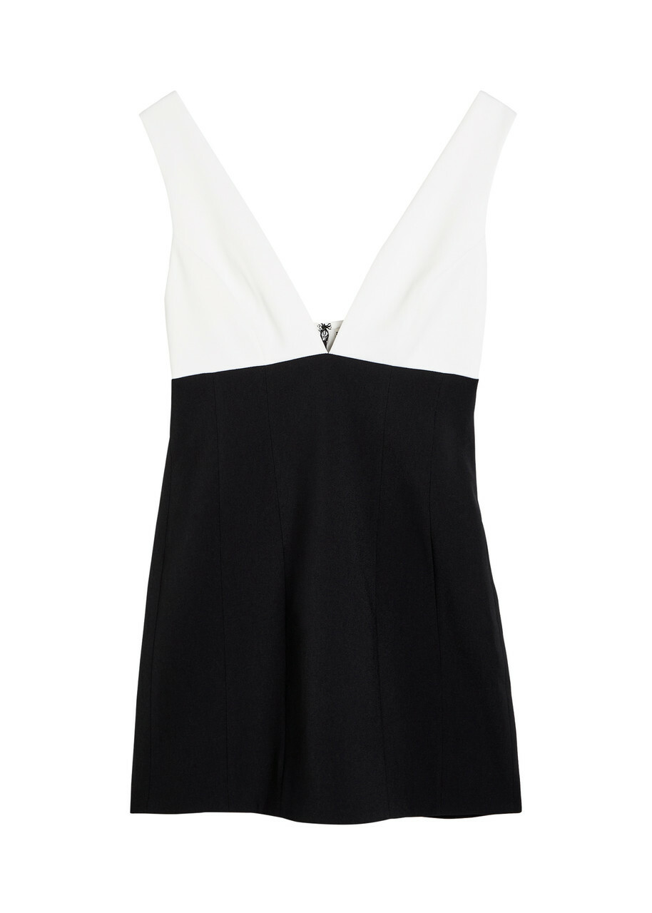 Alice + Olivia Mandy Plunge V-neck Crepe Mini Dress Black And White