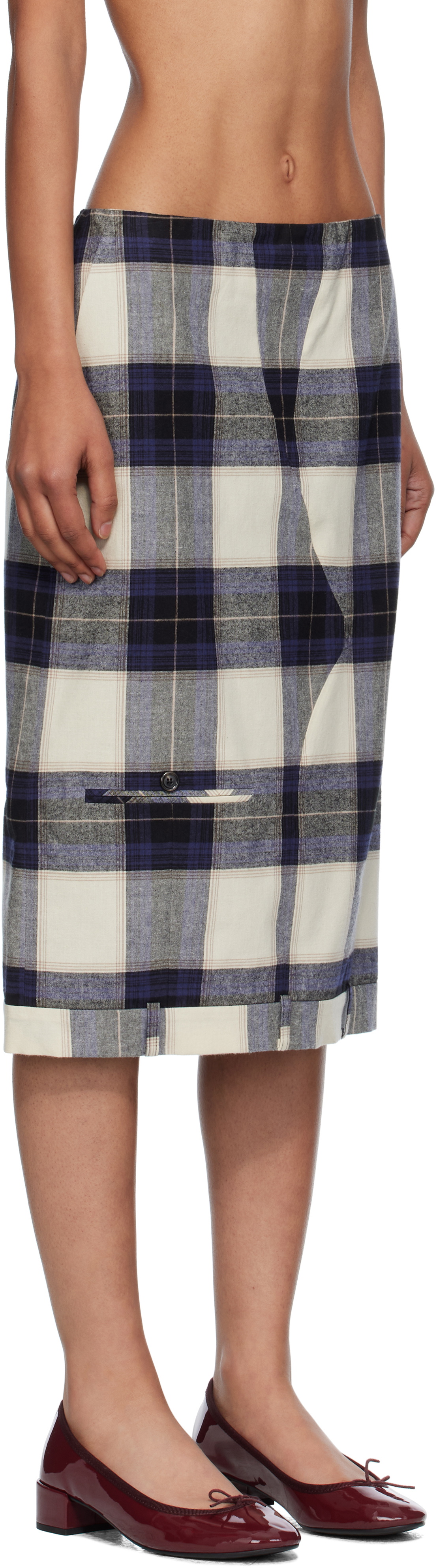 Pushbutton Multicolor Check Trousers Upside Down Midi Skirt