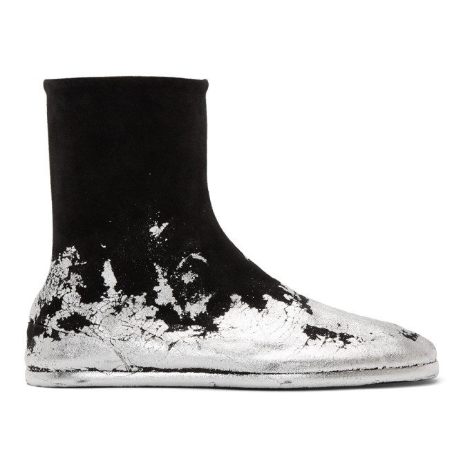 Maison Margiela Black and Silver Foil Suede Flat Tabi Boots
