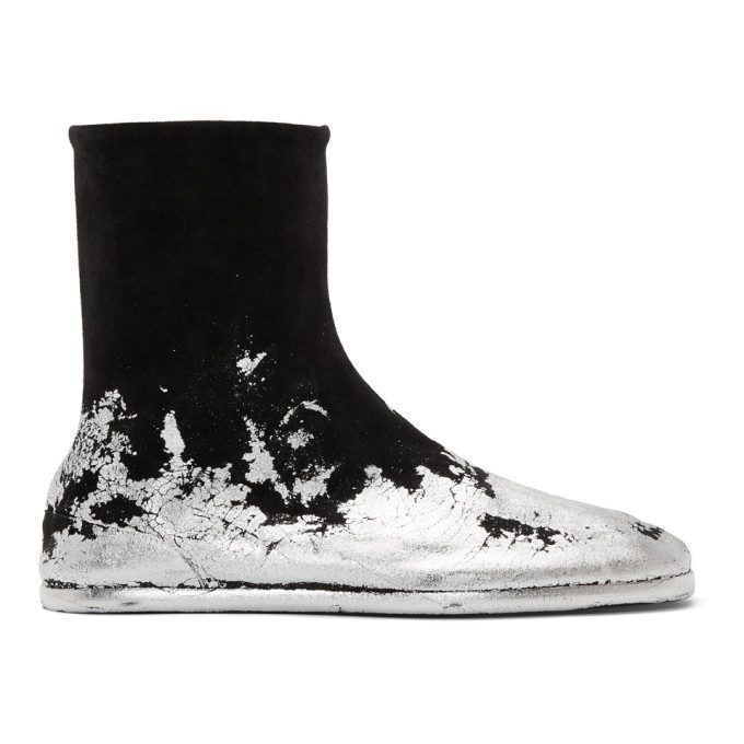 Photo: Maison Margiela Black and Silver Foil Suede Flat Tabi Boots