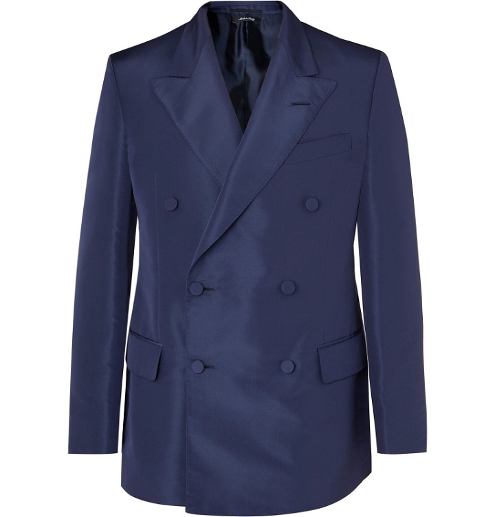 Photo: Dunhill - Navy Slim-Fit Double-Breasted Mulberry Silk Suit Jacket - Blue