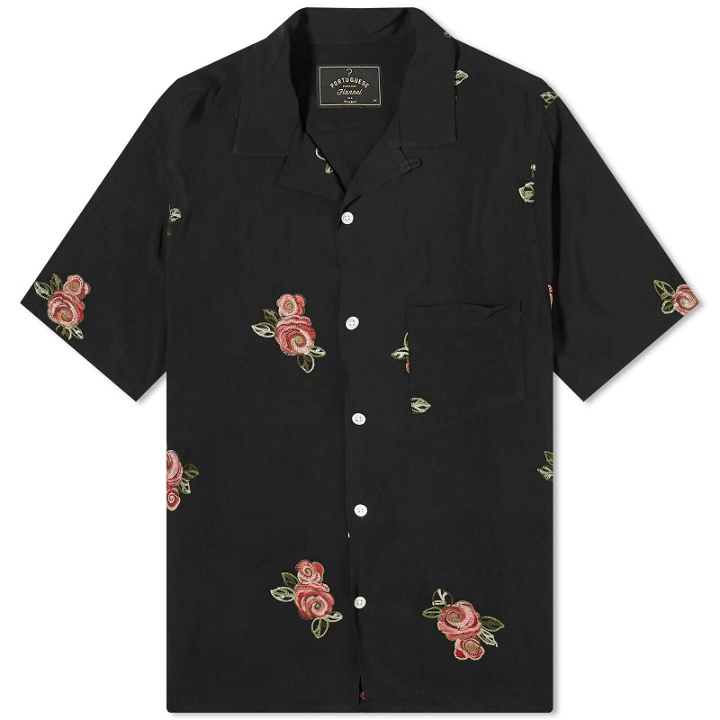 Photo: Portuguese Flannel Men's Embroidered Roses Vacation Shirt in Black