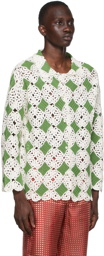Bode SSENSE Exclusive White & Green Crochet Diamond Overshirt