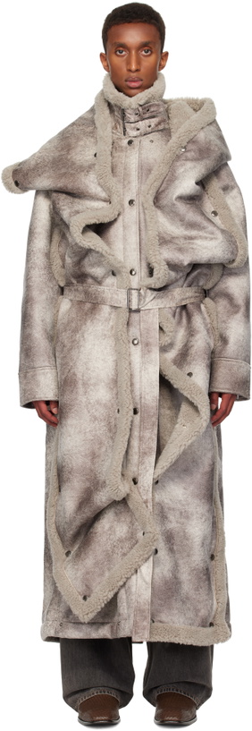 Photo: Y/Project Gray Snap Off Panel Hood Aviator Faux-Shearling Coat