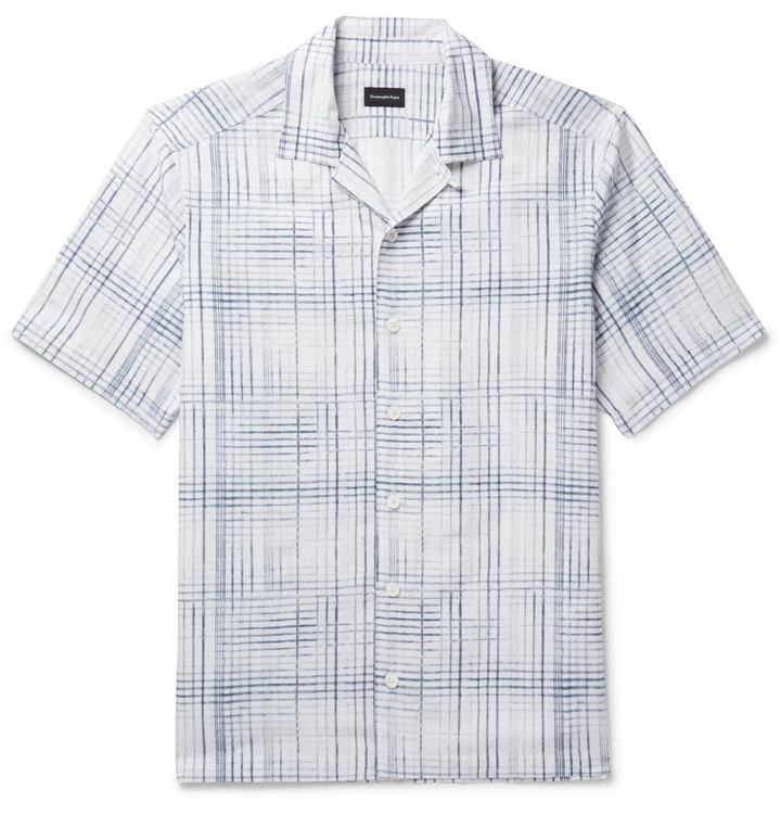 Photo: Ermenegildo Zegna - Camp-Collar Checked Silk, Linen and Cotton-Blend Shirt - Blue