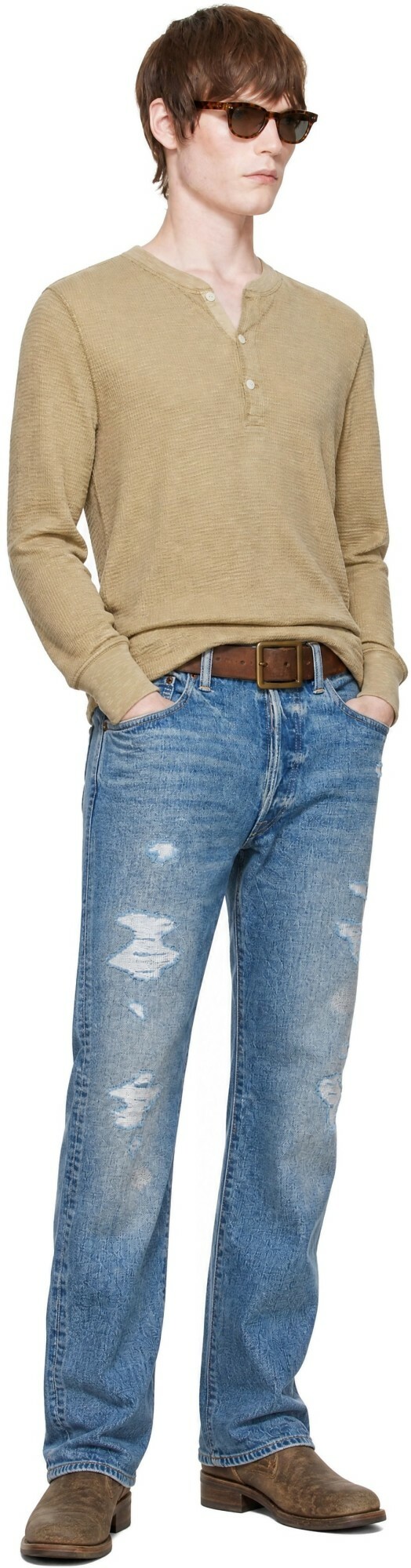 RRL Beige Waffle-Knit Henley
